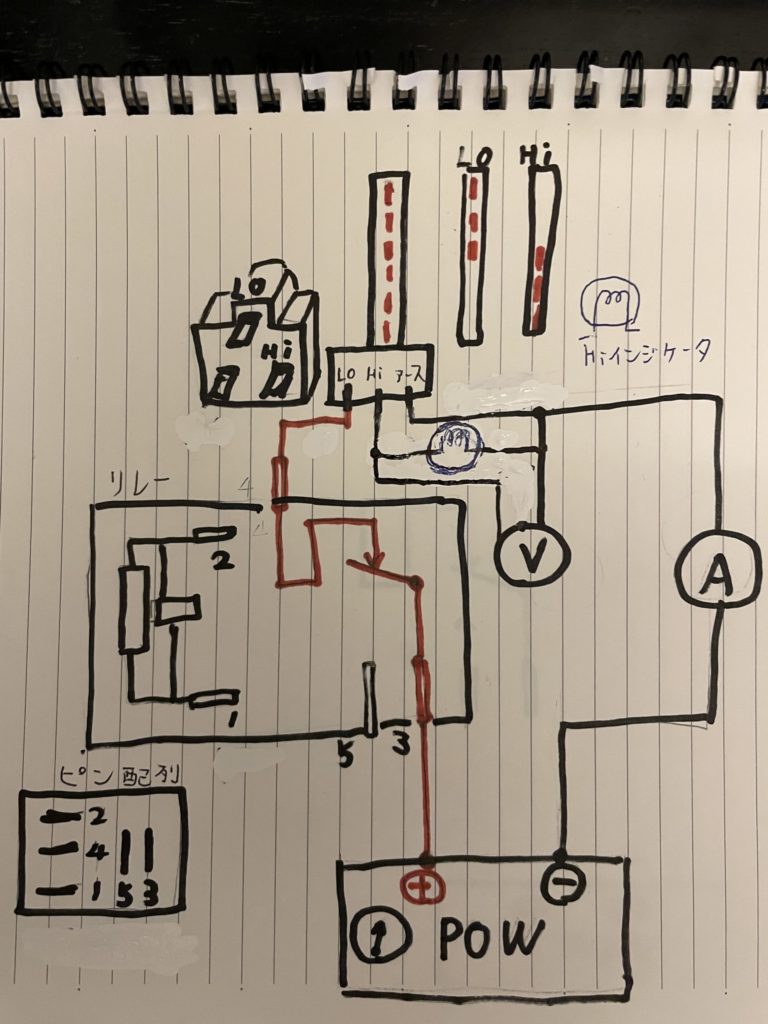 検証試験の回路構成を紙に書いた画像。リレー回路や測定用テスター等の挿入位置が確認できる